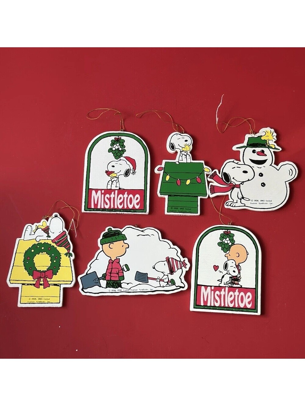 Snoopy and The Gang Wooden Ornaments Set of 6 United Feature Syndicate VTG